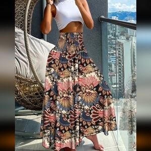 Bohemian Print Wide Leg With Shirred Waist